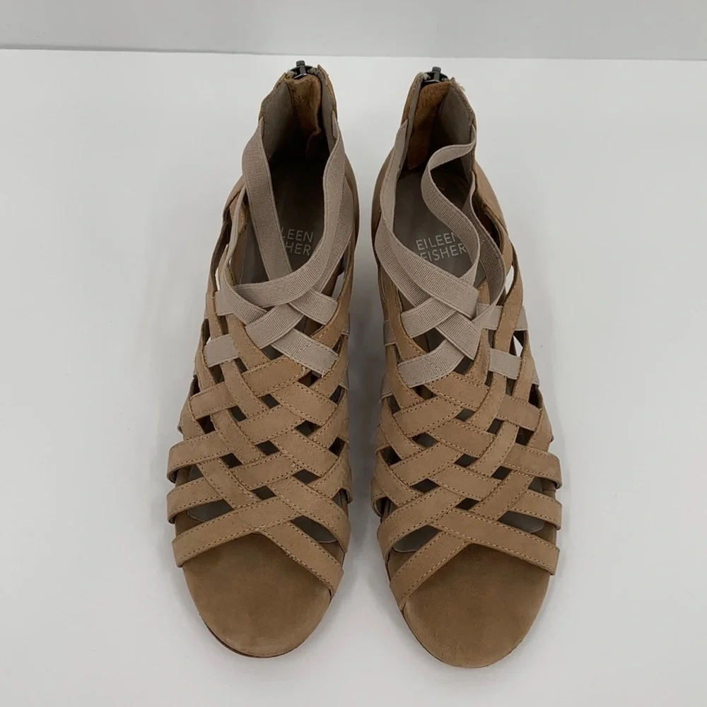 Eileen Fisher Oodle suede strappy gladiator sandal shoe tan cross cross wedge 7